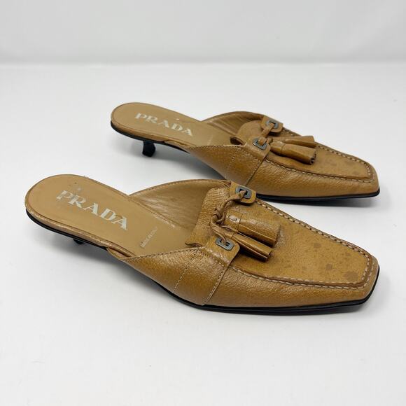 PRADA Camel Kitten Heel Spotted Mules Size 36.5 Old Money Quiet Luxury Glam